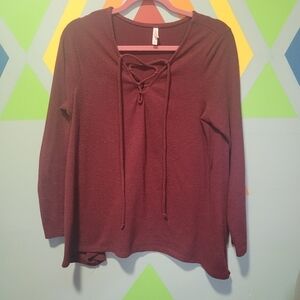Xhilaration Women's Maroon Open V-neck Criss Cross Lace Up Shirt Size Large